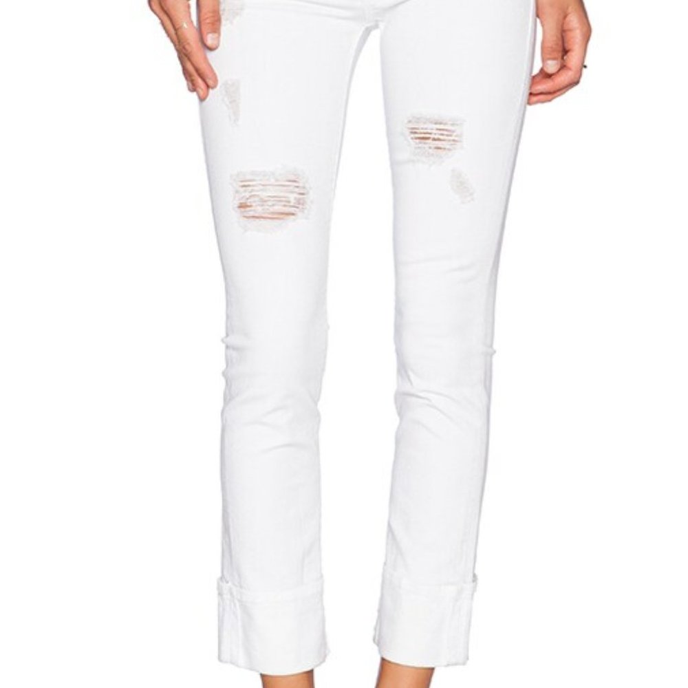 Hudson Ginny Cropped Straight Cuff Distressed White Jeans (Size 28)